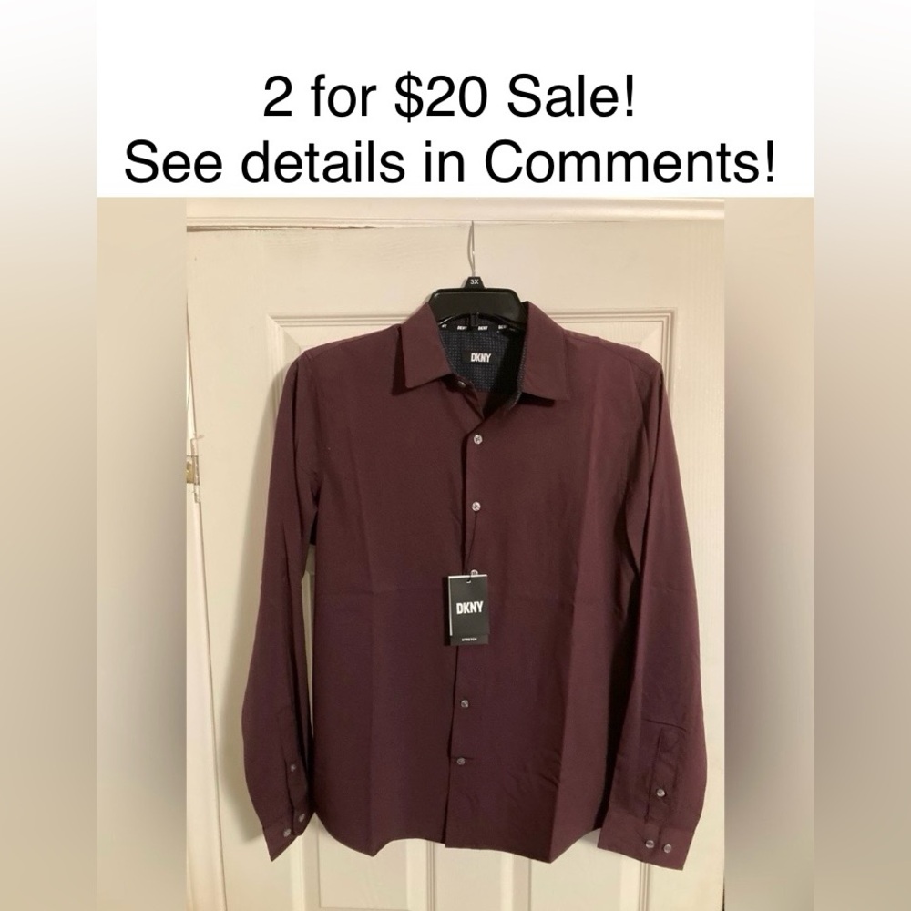 DKNY Men's Burgundy Button-Up Shirt, NWT, size Medium